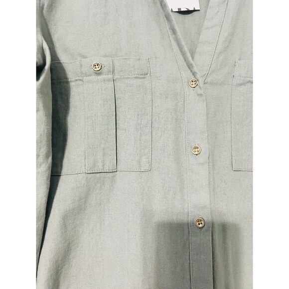 NEW Zara 100% Linen Shirt Womens Small Button Front V Neck Rollup Sleeves Green - Picture 2 of 5